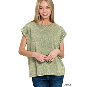 Crinkle Wash Cotton Folded Sleeve Top Relaxed Fit by Zenana